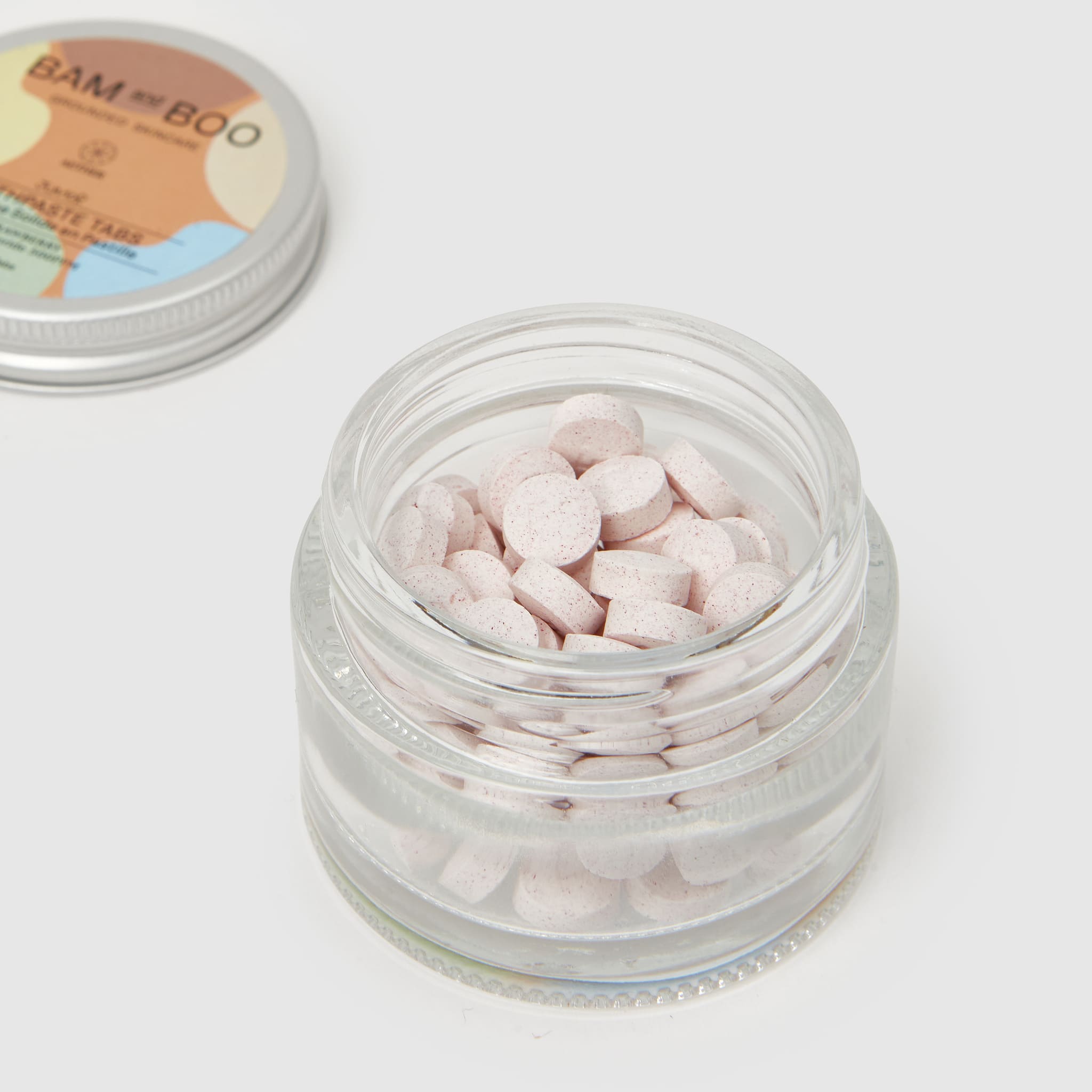 Toothpaste Tabs for Kids - Pack Shot Product Open Jar Detail - BAMandBOO Grounded Skincare Azores