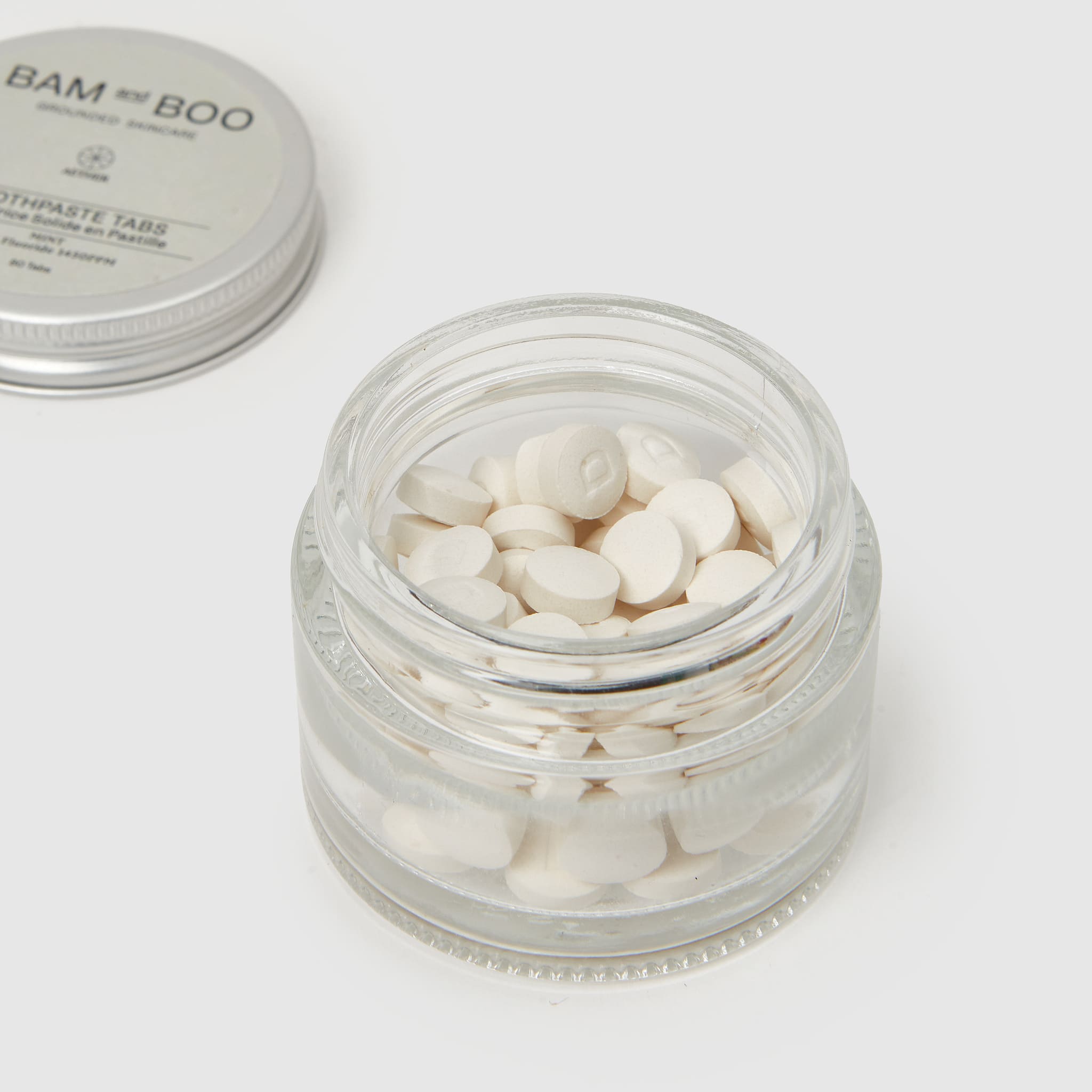 Toothpaste Tabs with Fluoride - Pack Shot Product Open Jar Detail - BAMandBOO Grounded Skincare Azores
