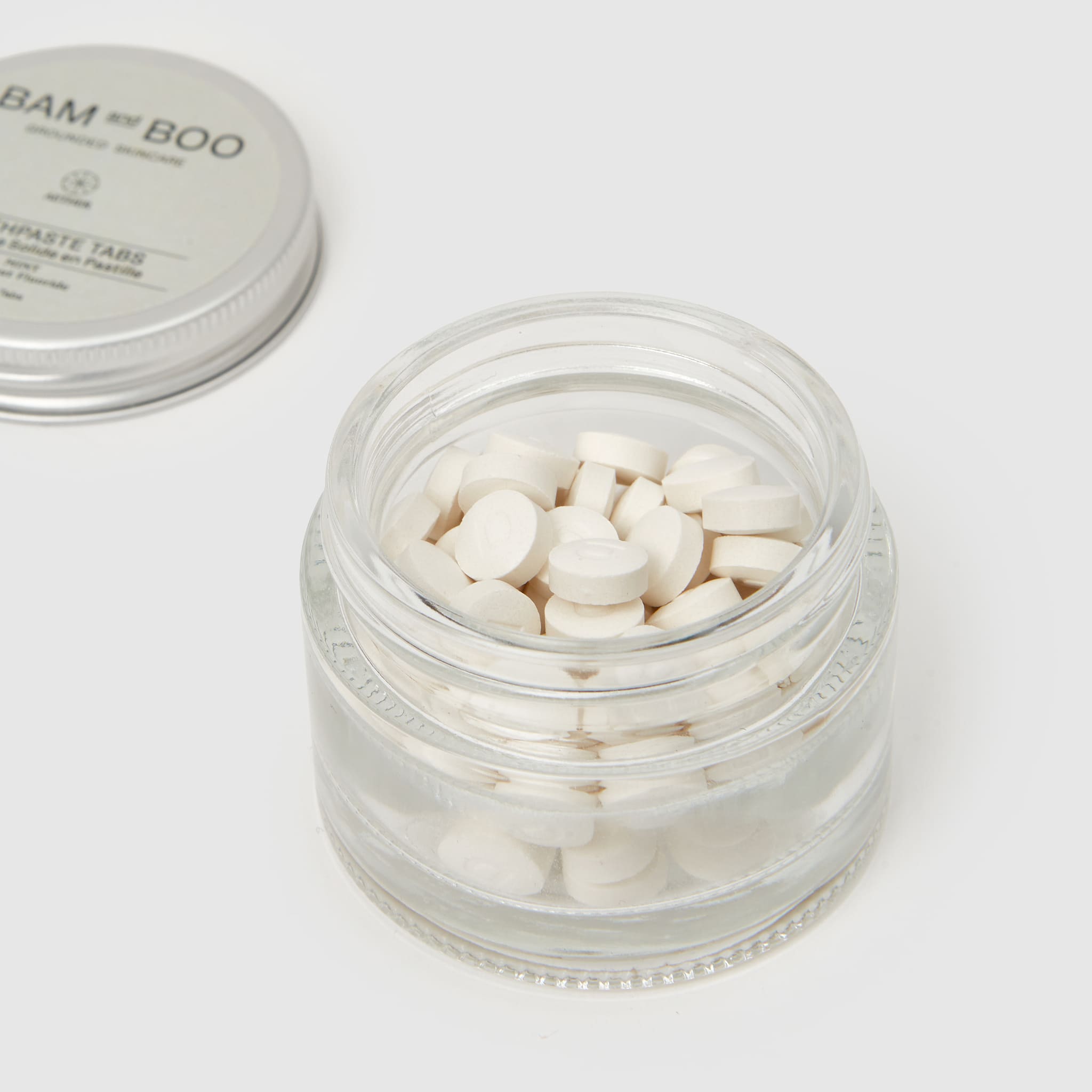 Toothpaste Tabs without Fluoride - Pack Shot Product Open Jar Detail - BAMandBOO Grounded Skincare Azores